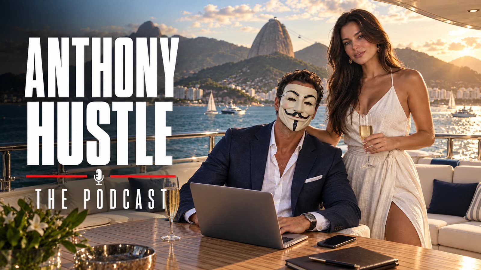 The Anthony Hustle Podcast — aboard a yacht in Rio with Sugarloaf Mountain behind Anthony