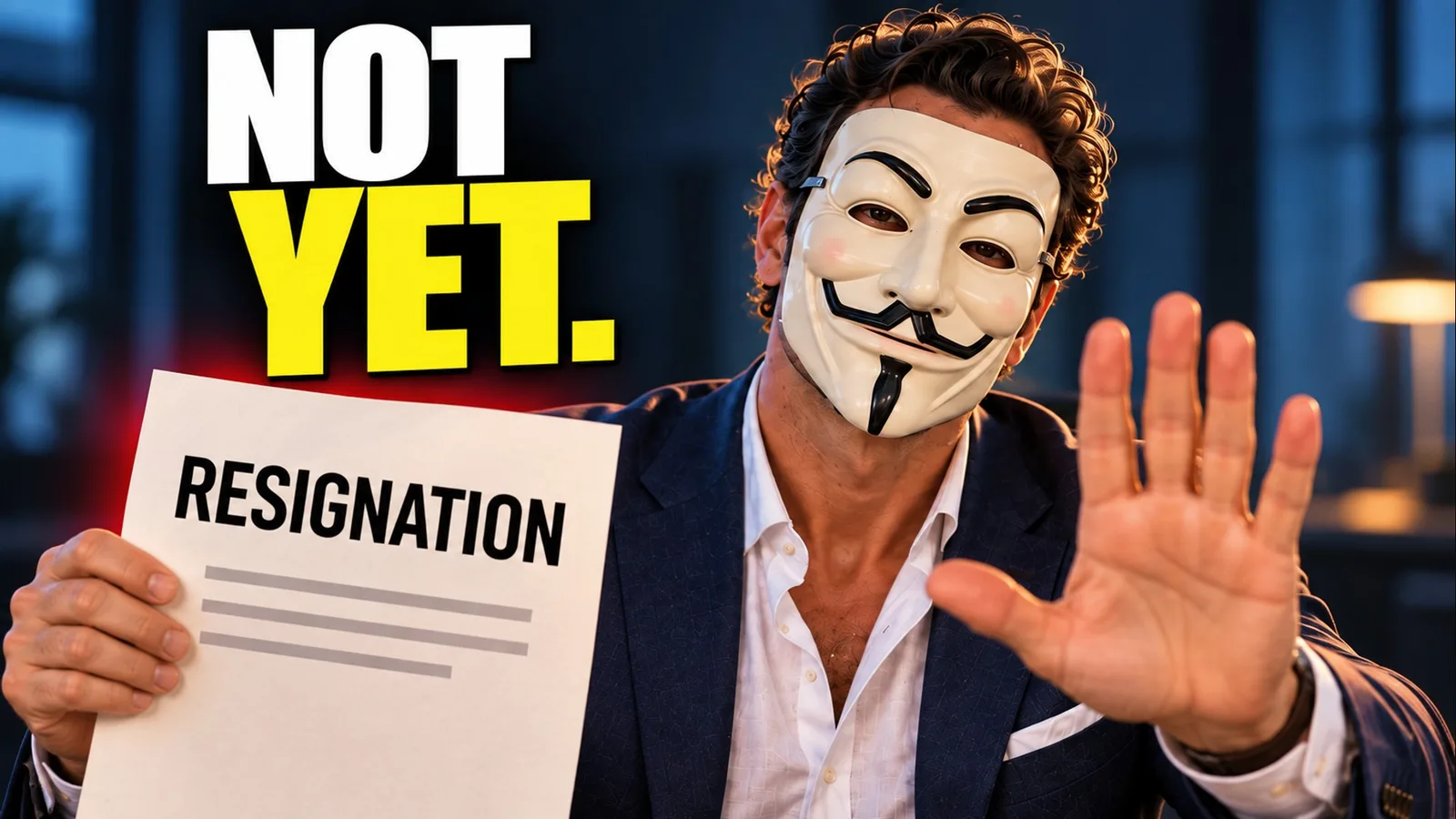 Anthony Hustle holding a resignation letter, with the words Not Yet.