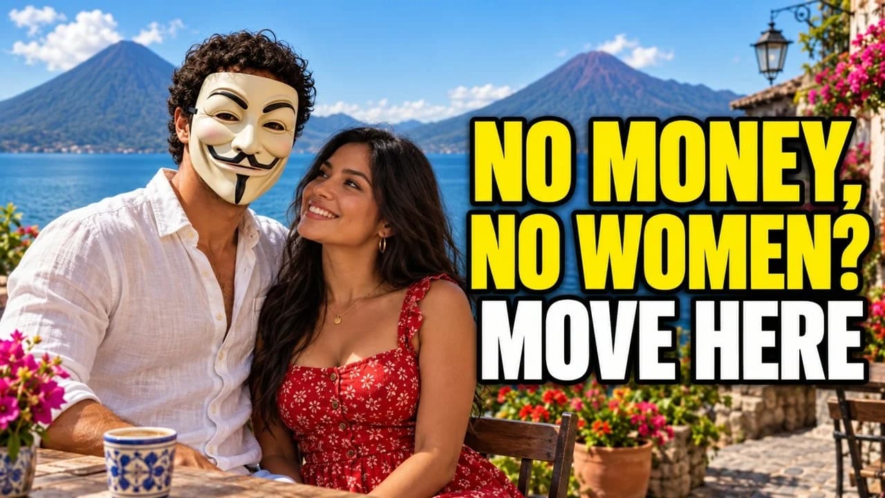 Masked Tony beside a woman overlooking a lake and volcano, with the headline No Money, No Women? Move Here.