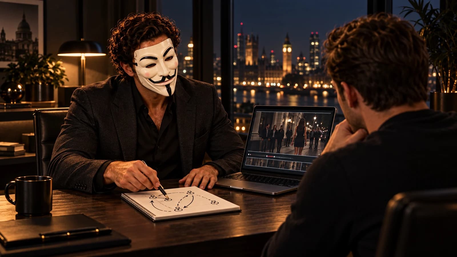 Illustration of masked Anthony Hustle reviewing a street video and a practice diagram with a man at a desk.