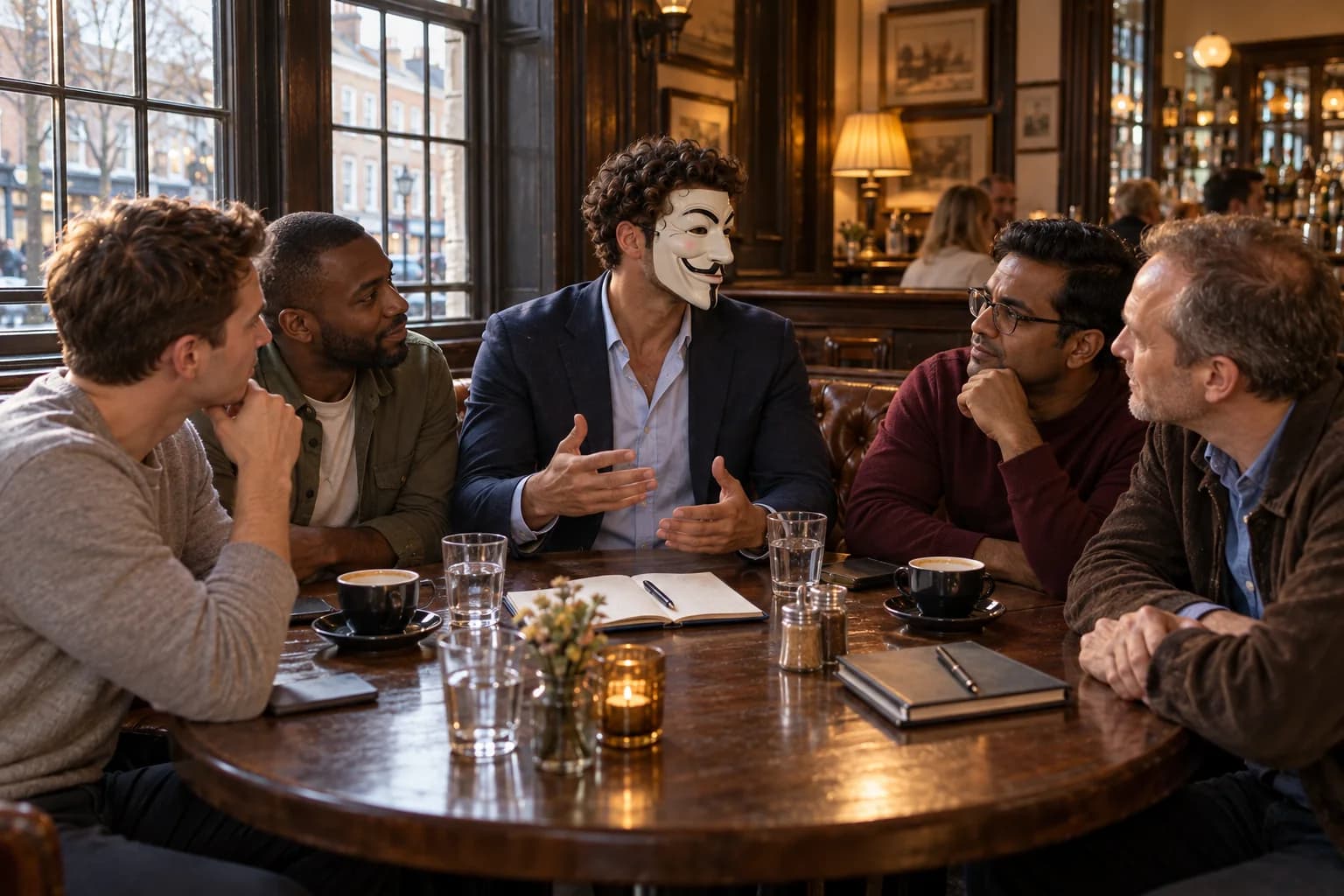 Anthony Hustle and four men discussing their notes around a London pub table.