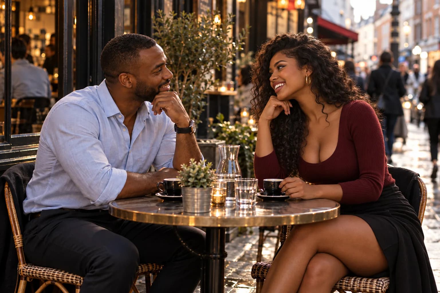 A man and a woman laughing together over drinks at a London pavement cafe.