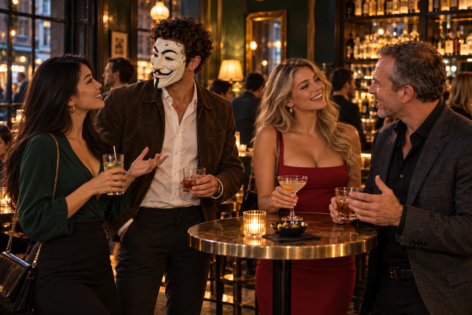 Anthony and another man each talking with a woman at a Soho bar.