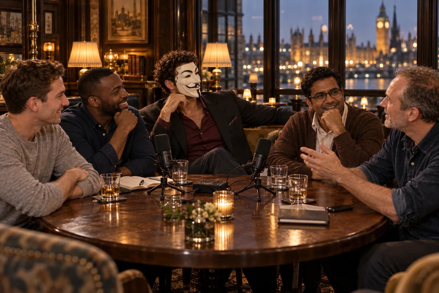 Anthony and a group of men recording a conversation around a table with microphones.