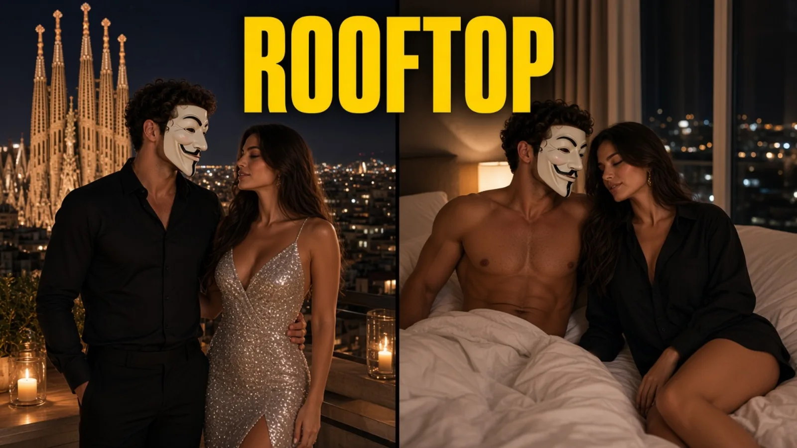 Split: Sagrada rooftop then she wears his black shirt on the bed, ROOFTOP.