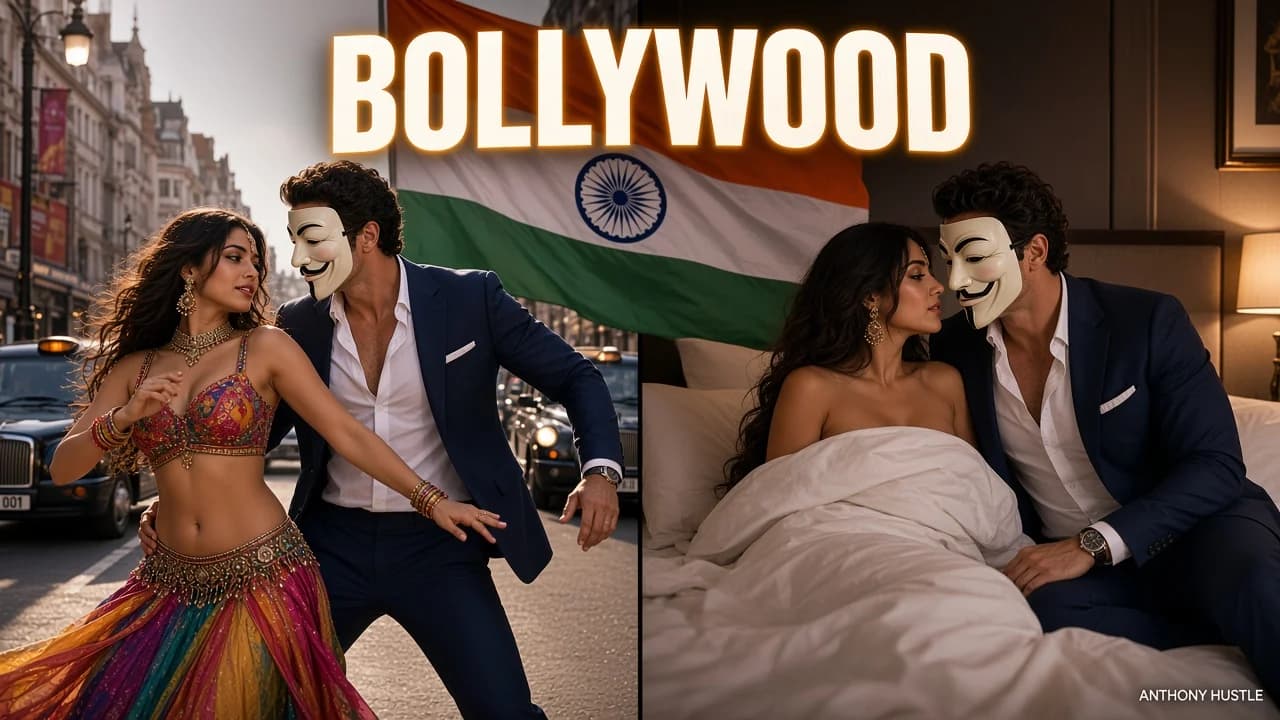 Split thumbnail: Bollywood dance on a London street with black cabs, then both in a hotel bed, India flag.