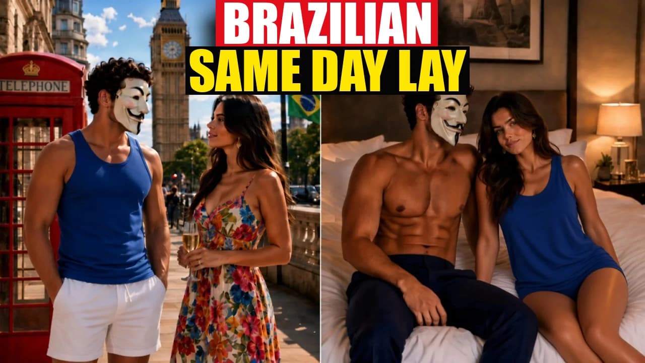 Split: London street in a blue tank then she wears that oversized tank on the bed, BRAZILIAN.