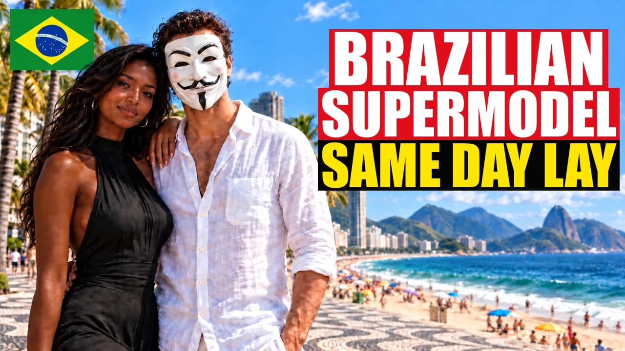 Tony beside a dark-skinned woman in a black dress on the Rio beachfront, with a Brazilian flag and the headline Brazilian Supermodel Same Day Lay.