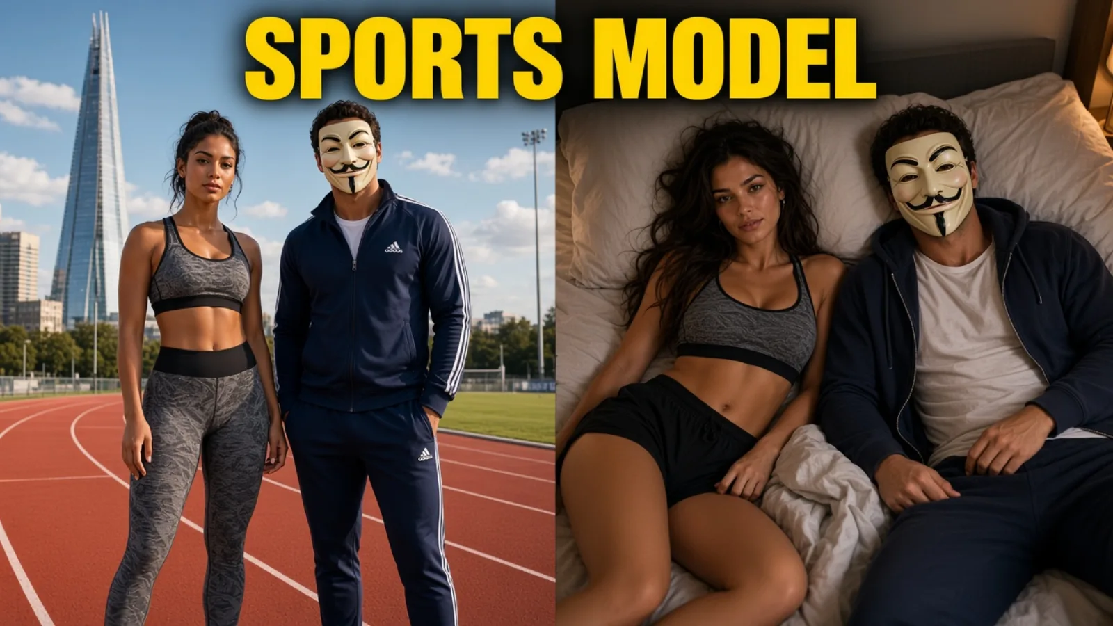 Split: London track then rumpled bed in sports kit, SPORTS MODEL.