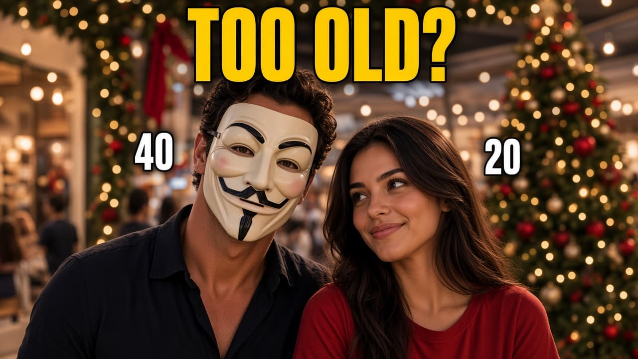 Masked Tony and an adult Colombian woman Christmas shopping, with 40 and 20 age labels and the question TOO OLD?