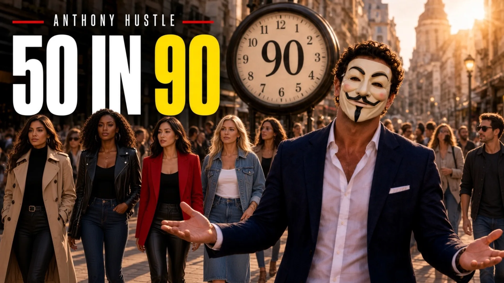 Masked Tony on a crowded street under a 90 clock, 50 IN 90.