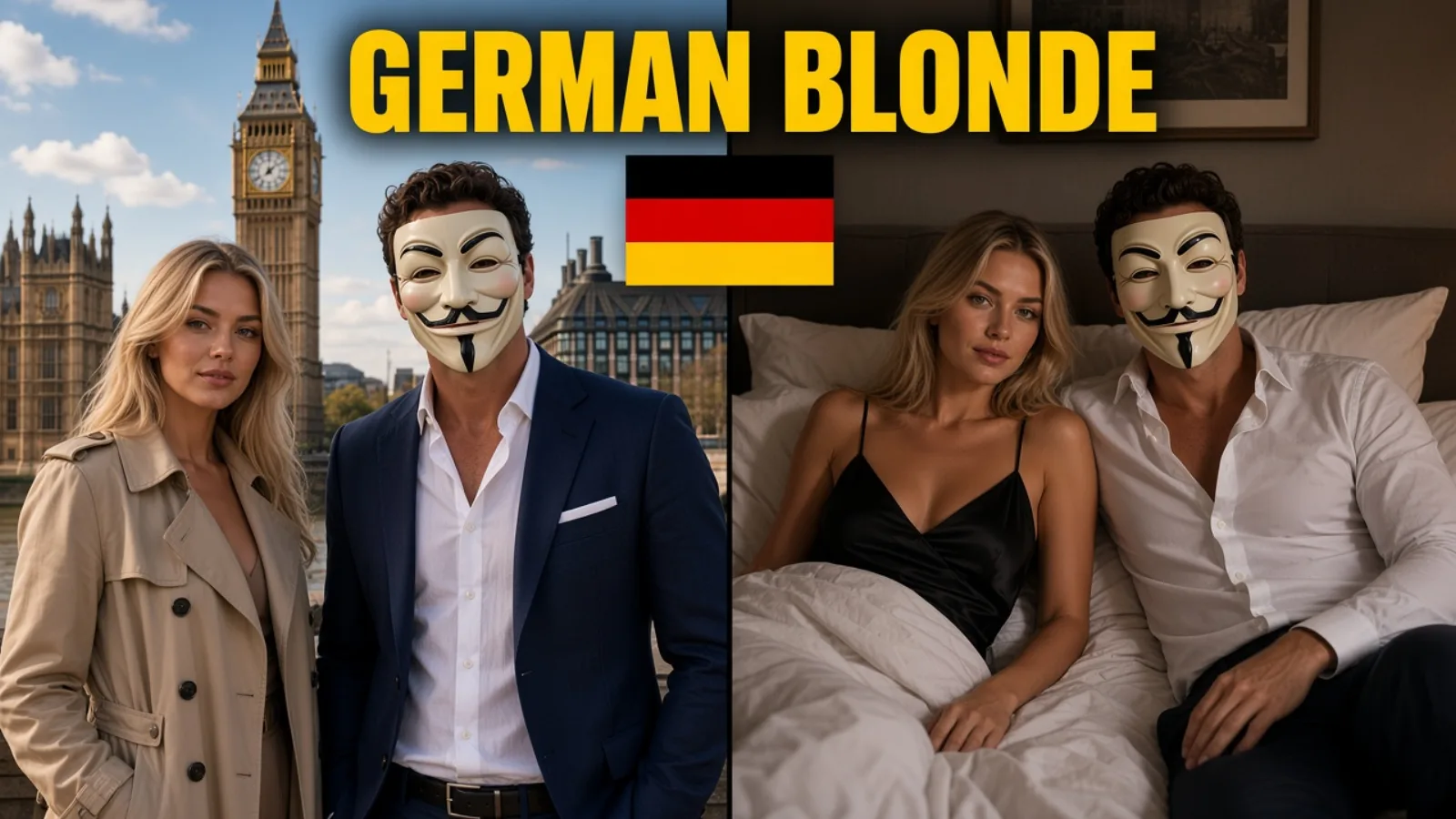Split: Westminster then black silk camisole on the bed, GERMAN BLONDE.