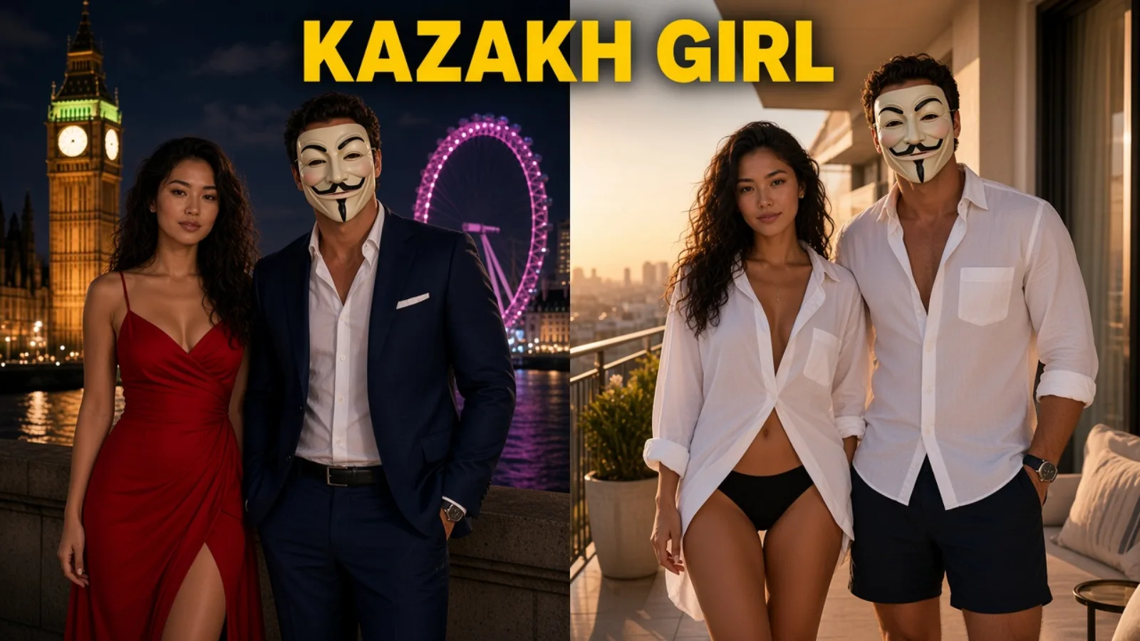 Split: London night then dawn balcony in his shirt, KAZAKH GIRL.
