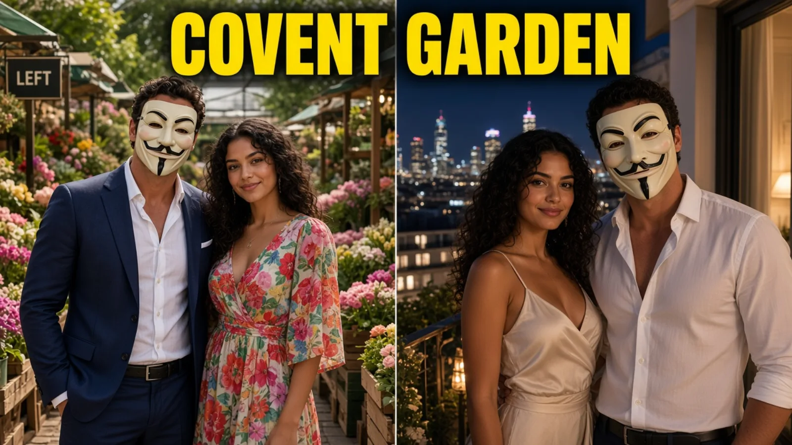 Split: Covent Garden then hotel balcony camisole, COVENT GARDEN.