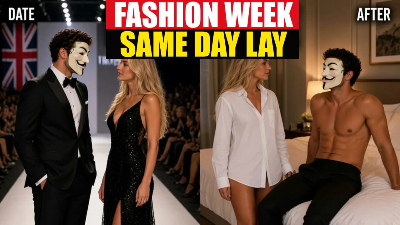 Split: Fashion Week runway then she wears his tux shirt on the bed, FASHION WEEK.