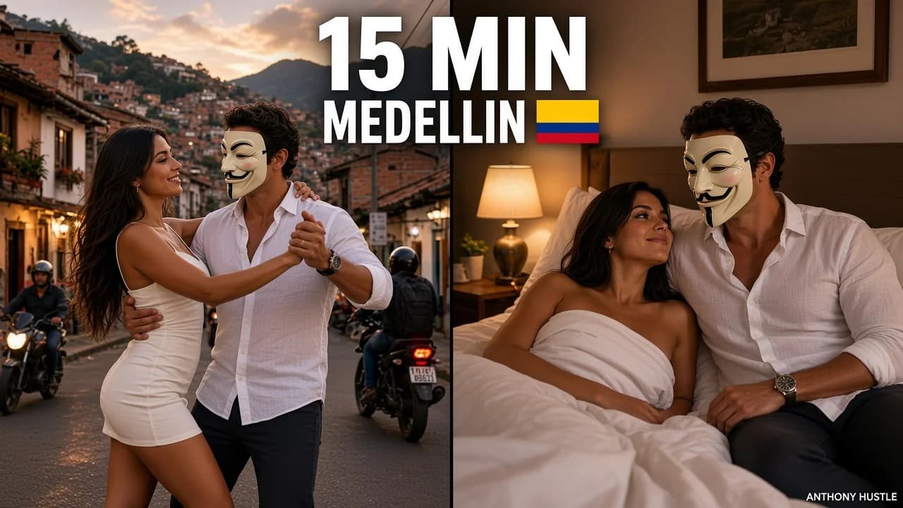 Split thumbnail: bachata on a Medellin street, then both in a hotel bed, with 15 MIN and the Colombia flag.