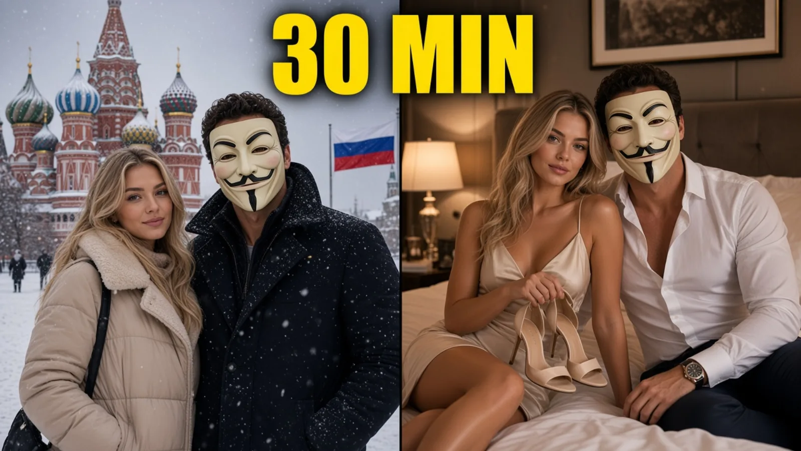 Split: Red Square snow then silk slip on the bed, 30 MIN, Russia flag.