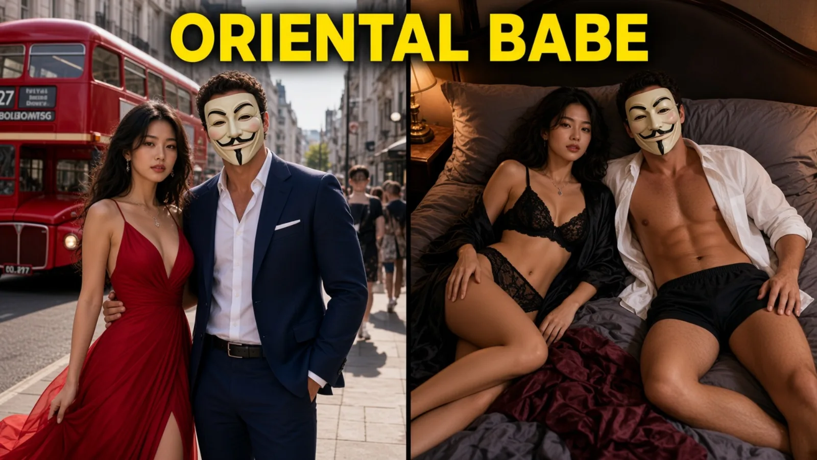 Split: London street then black lingerie on the bed, ORIENTAL BABE.