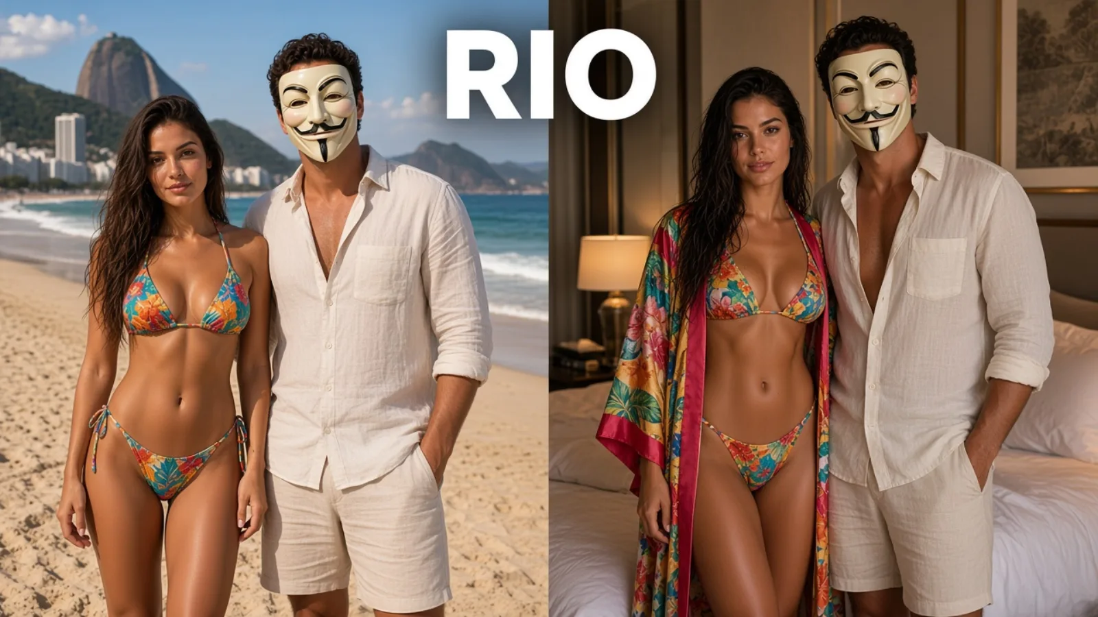 Split: Rio beach bikini then silk kimono in the suite, RIO.
