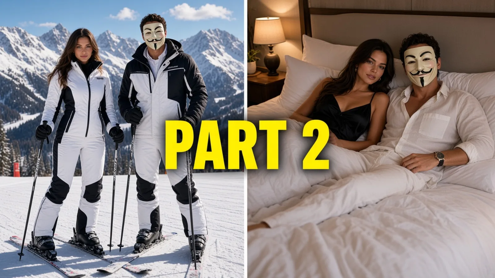 Split: ski piste then chalet bed in silk pajamas, PART 2.