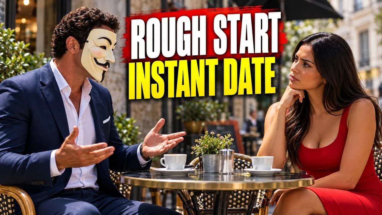 Tony and a woman talking at a cafe, Rough Start, Instant Date.