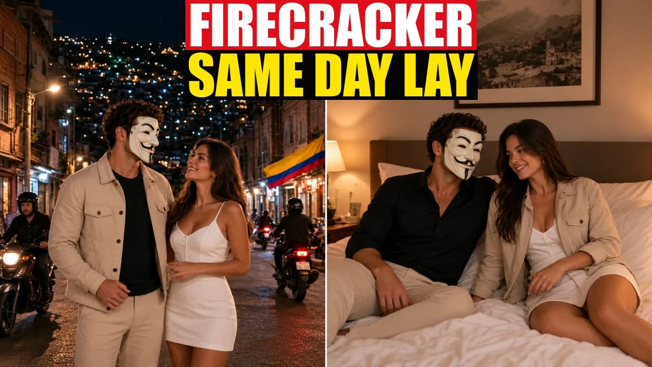 Split: Medellin night then she wears his beige jacket on the bed, FIRECRACKER.