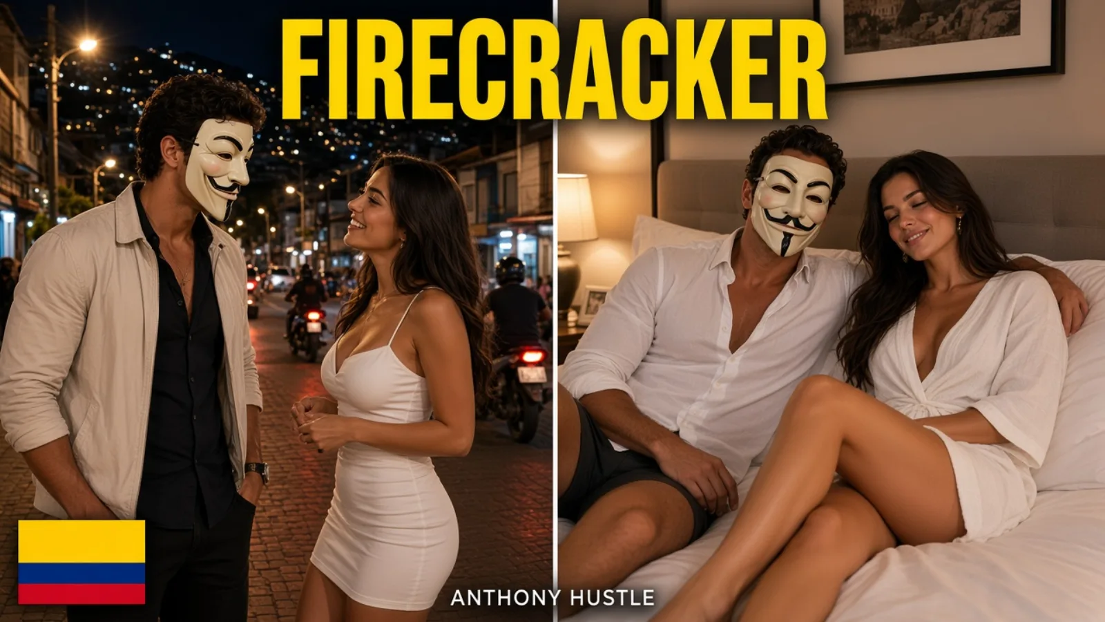 Split thumbnail: Medellin night street, then both on a hotel bed, with FIRECRACKER and the Colombia flag.