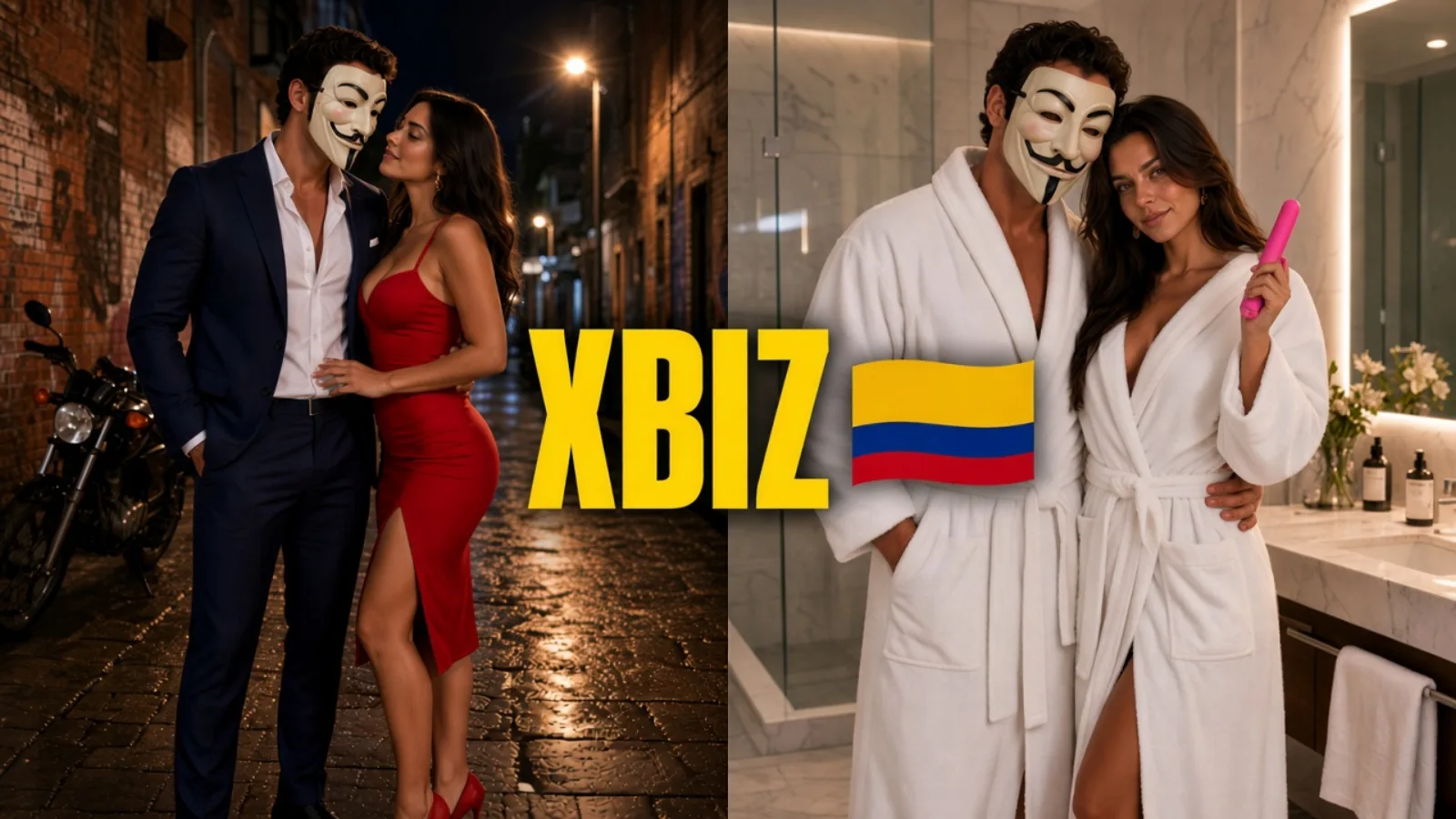 Split thumbnail: Medellin night street in a red dress, then both in hotel robes, she holds a pink toy with a cheeky smile, XBIZ and the Colombia flag.