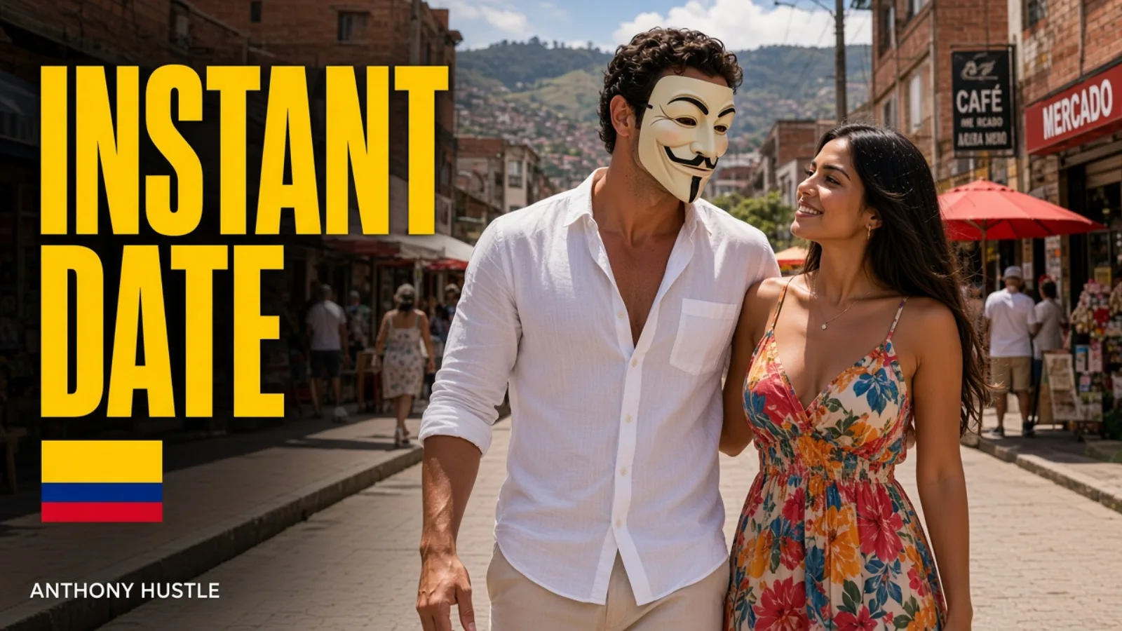 Anthony Hustle walking a woman down a Medellin street in daylight, with INSTANT DATE and the Colombia flag.