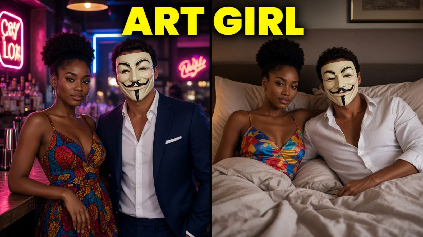 Split: neon bar then silk camisole on the bed, ART GIRL.