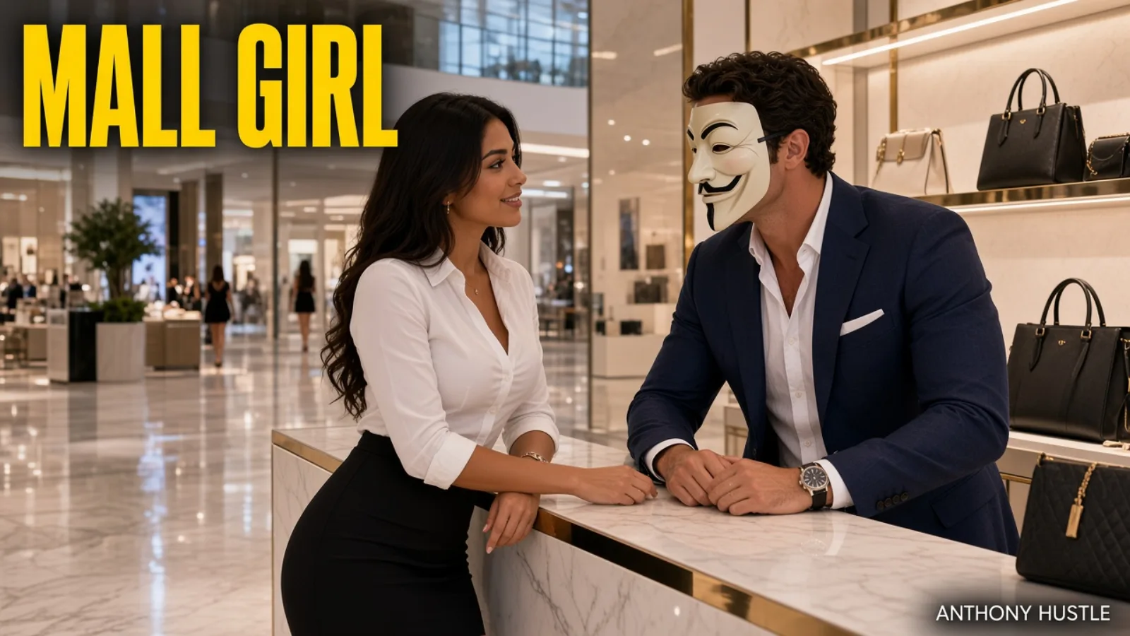 Anthony Hustle talking to a shop assistant at a luxury mall counter, with MALL GIRL.