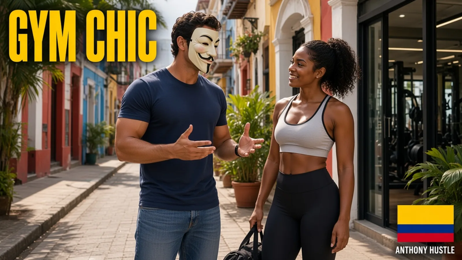 Anthony Hustle talking to a woman outside a gym on a Medellin street, with GYM CHIC and the Colombia flag.