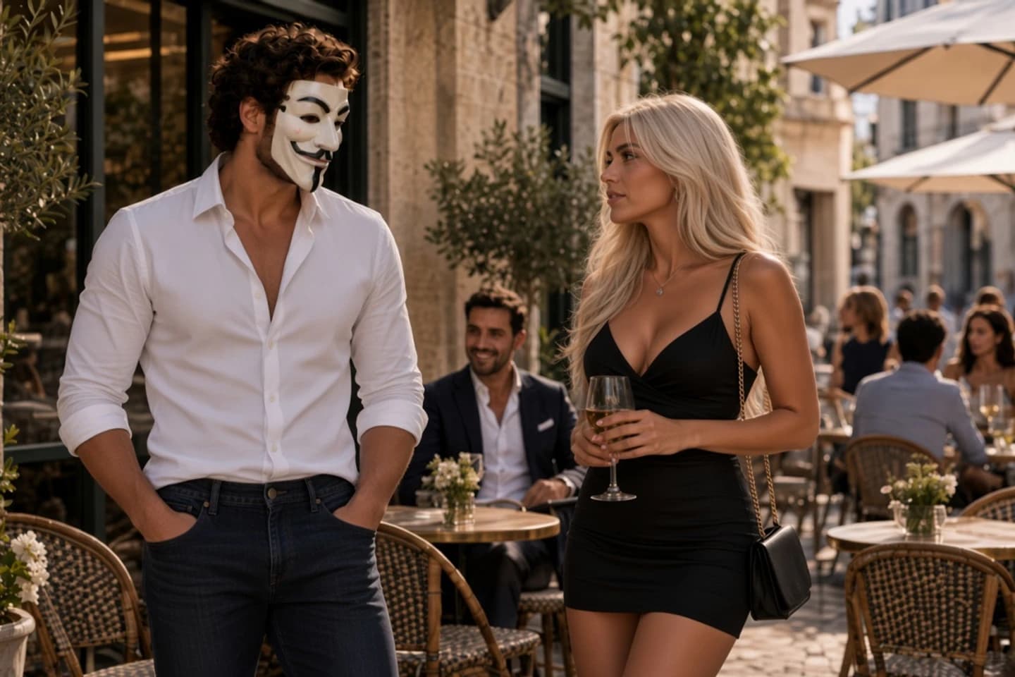 Anthony Hustle and a woman at a cafe.