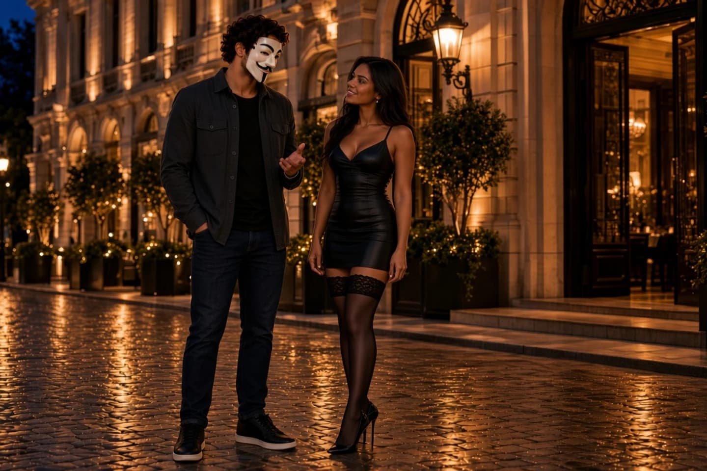 Anthony Hustle and a woman outside a hotel at night.