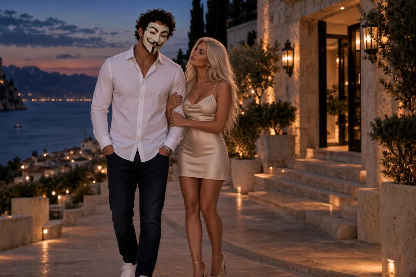 Anthony Hustle and a woman at a coastal villa.