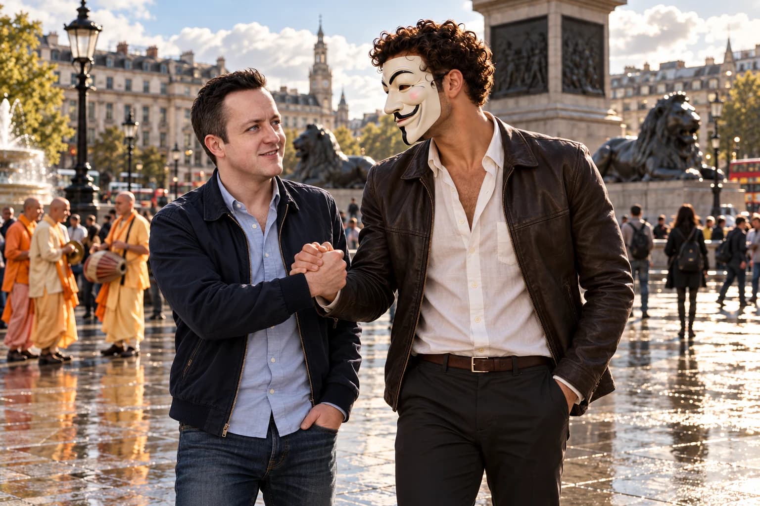 Tom Torero and Anthony Hustle greeting each other in Trafalgar Square.