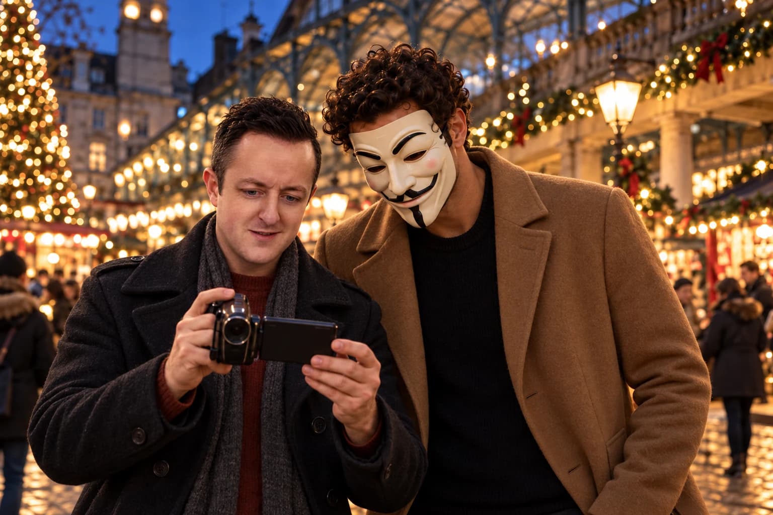 Tom Torero showing Anthony Hustle a camcorder at Covent Garden's Christmas market.