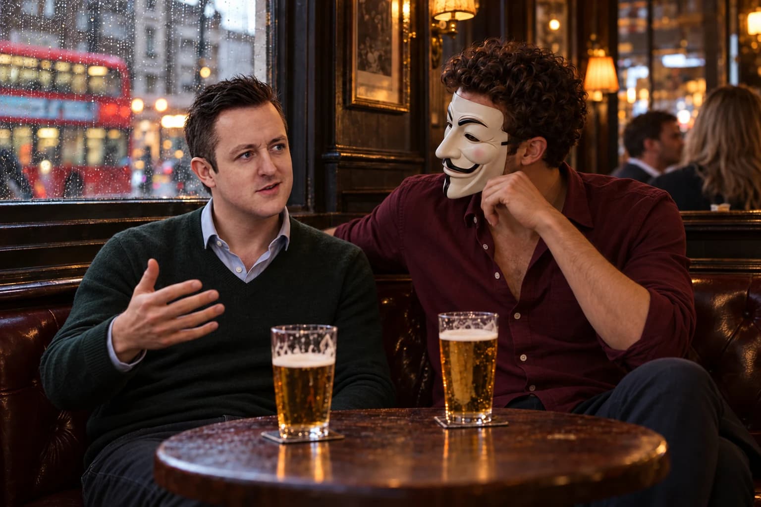 Tom Torero and Anthony Hustle talking over pints in an Earl's Court pub.
