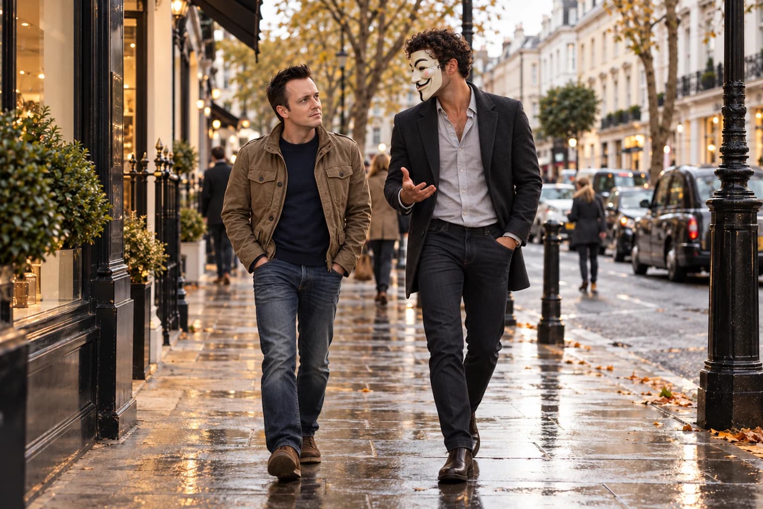 Tom Torero and Anthony Hustle walking and talking along King's Road.