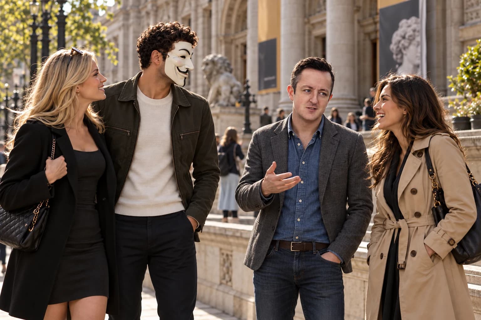 Tom Torero and Anthony Hustle talking with two women in South Kensington.