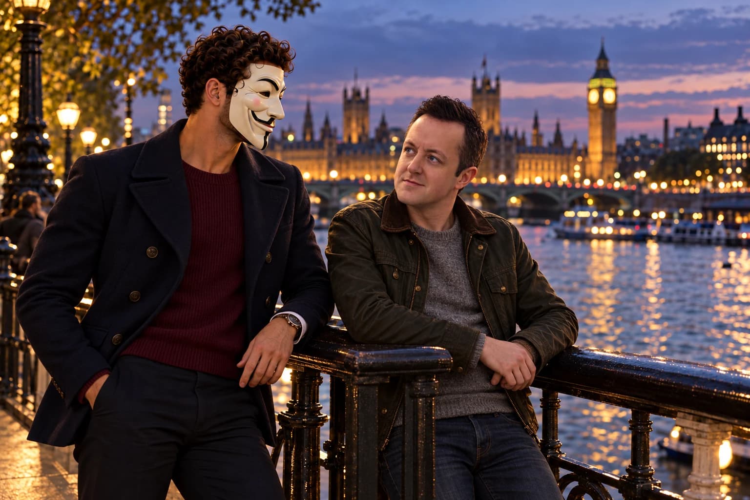 Tom Torero and Anthony Hustle talking beside the Thames at dusk.