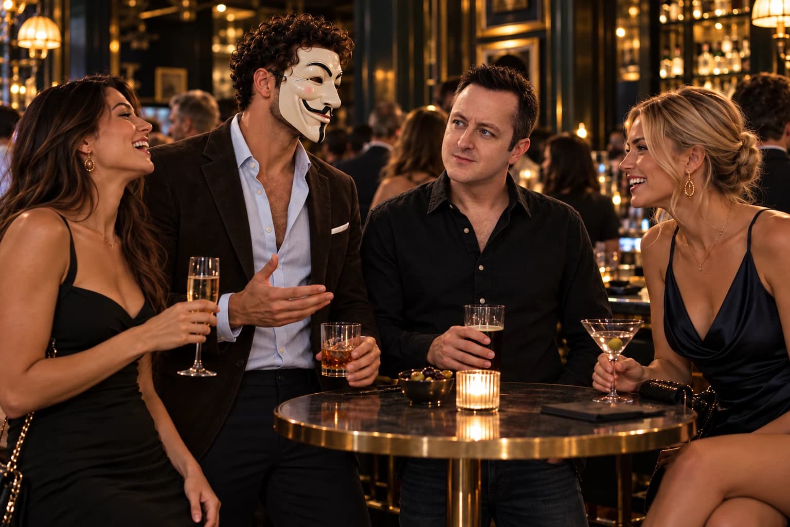 Tom Torero and Anthony Hustle enjoying a conversation with two women at a bar.
