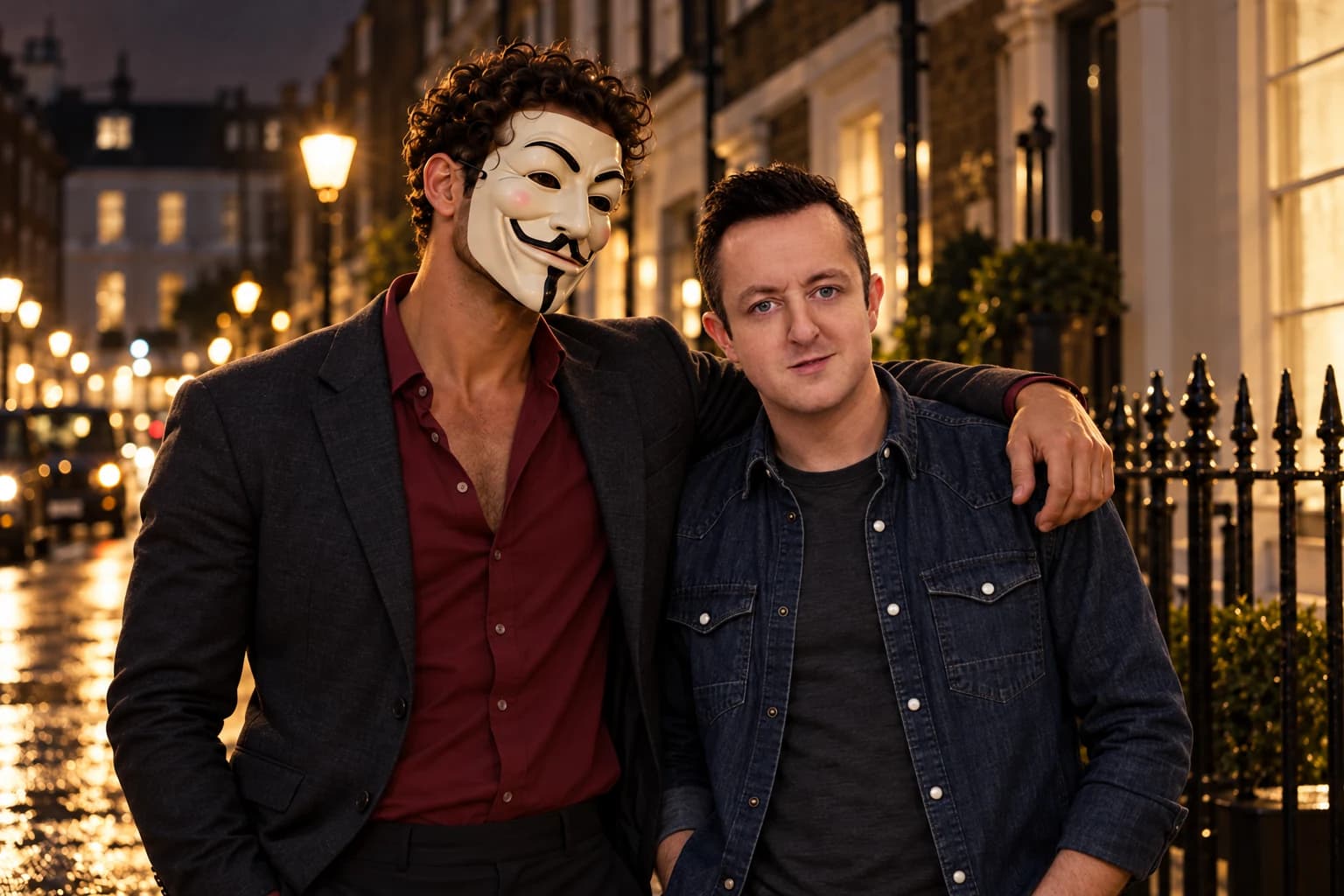 Anthony Hustle with his arm around Tom Torero on a London street.