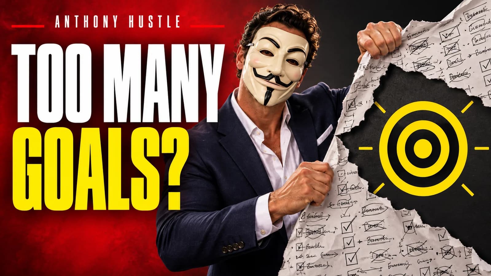 Anthony Hustle artwork showing a masked man tearing a crowded goals sheet to reveal one yellow target, beside the words Too Many Goals?