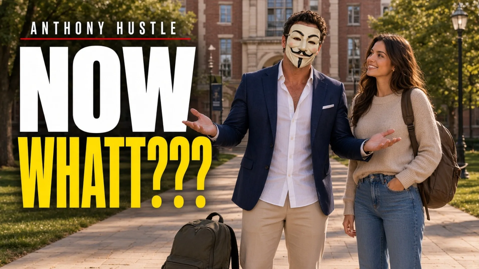 Masked Tony on a campus path with a backpack, NOW WHATTT.