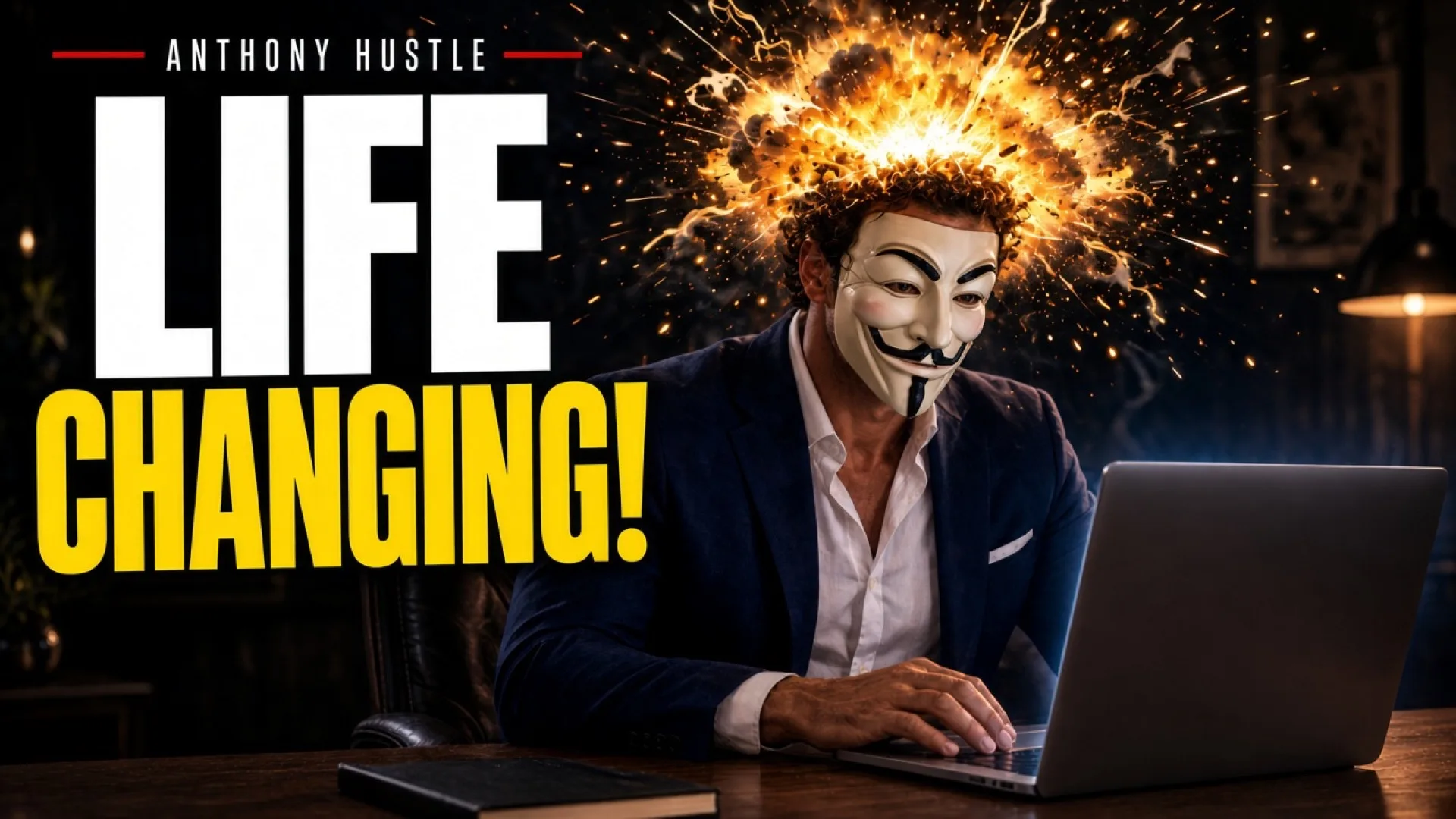 Masked Tony at a laptop, mind exploding, LIFE CHANGING.