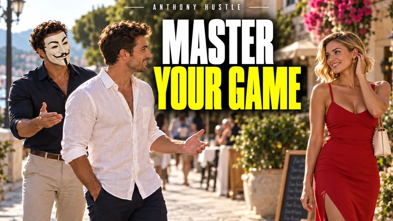 Masked Tony coaching a student into a conversation, MASTER YOUR GAME.