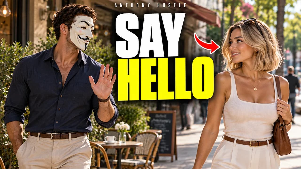Masked Tony greeting a woman on the street, SAY HELLO.