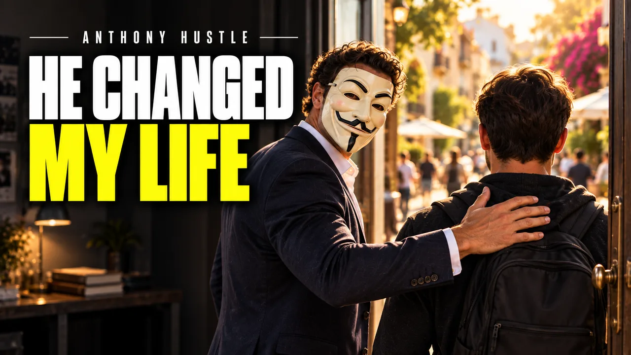 Masked Tony with a hand on a student's shoulder, HE CHANGED MY LIFE.