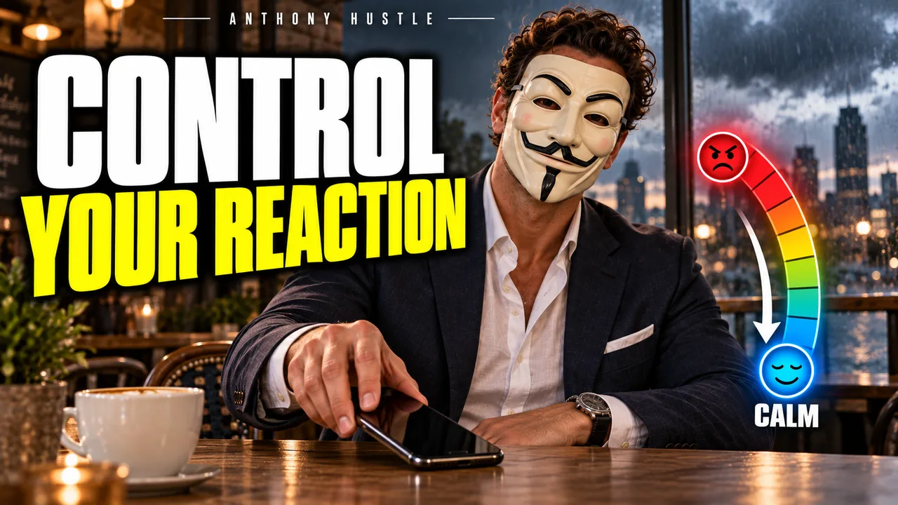 Masked Tony putting a phone down, CONTROL YOUR REACTION.